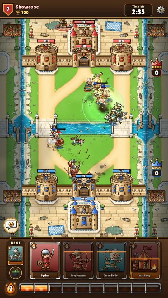 A Barnstorm battle: blue and red fortresses facing each other across a river, with the card hand and Ember bar below
